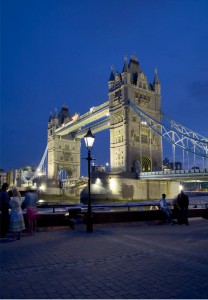 Tower Bridge at dusk, viewed from the south bank of the River Thames